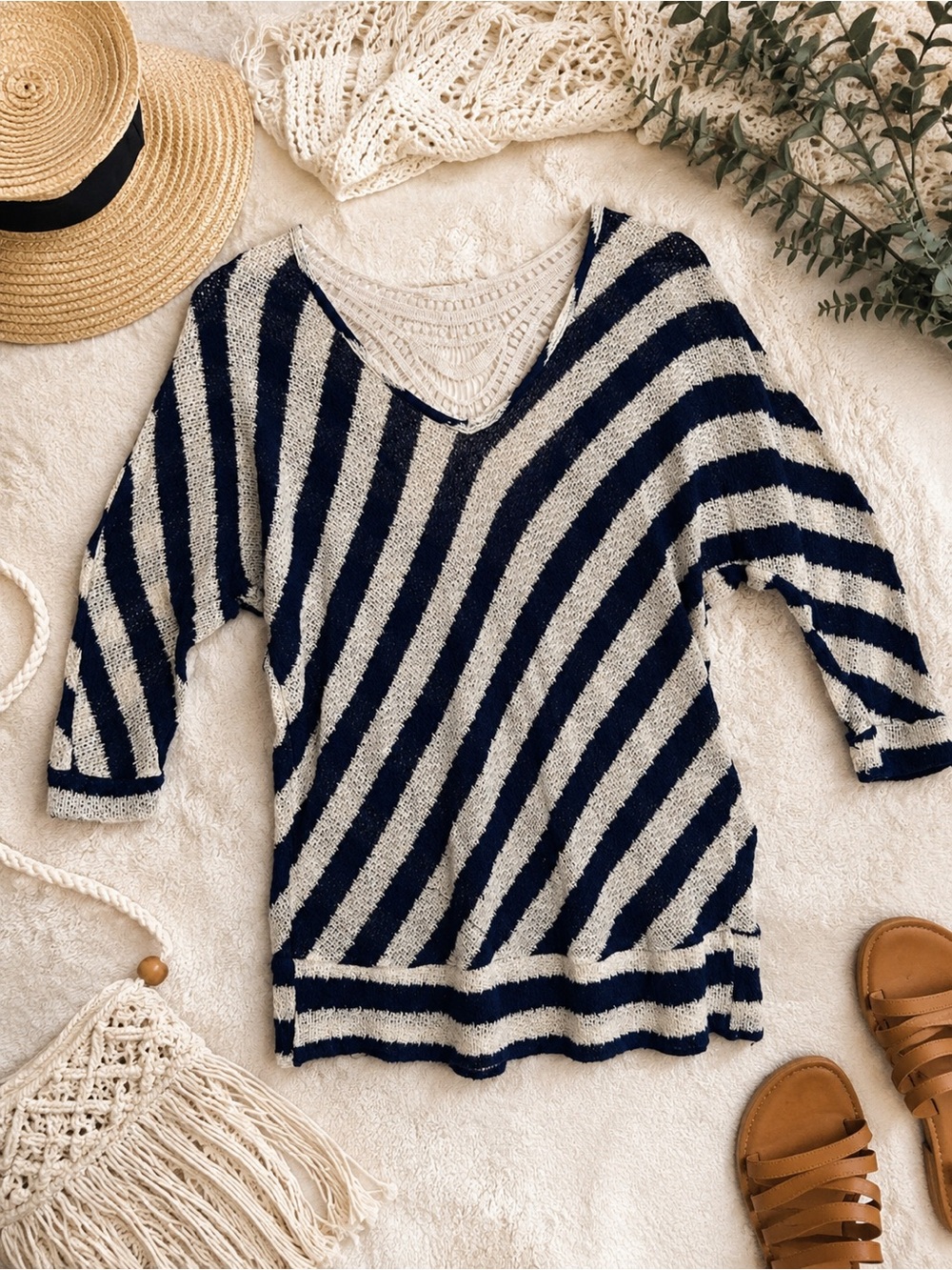 Striped Crochet Back Navy & Cream Boho top Size 2XL